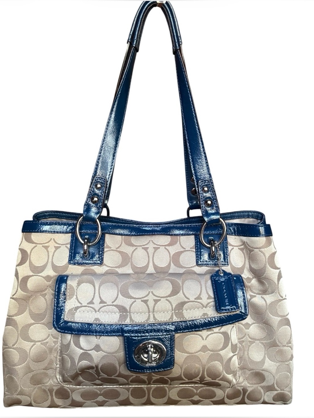 Coach Penelope Signature Canvas Tote with Blue Patent Trim